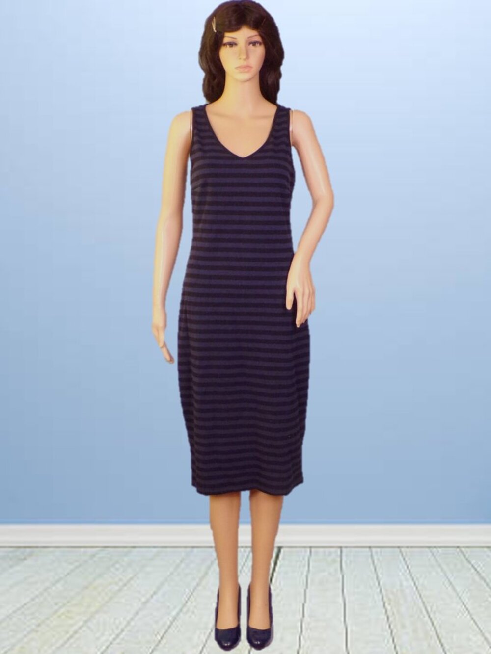 OLD NAVY size S navy-blue/black horizontal stripes sleeveless midi sheath dress